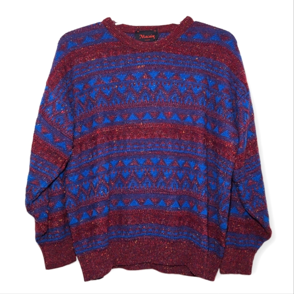 Macaire Vintage Canadian Knit Sweater Blue Maroon XL